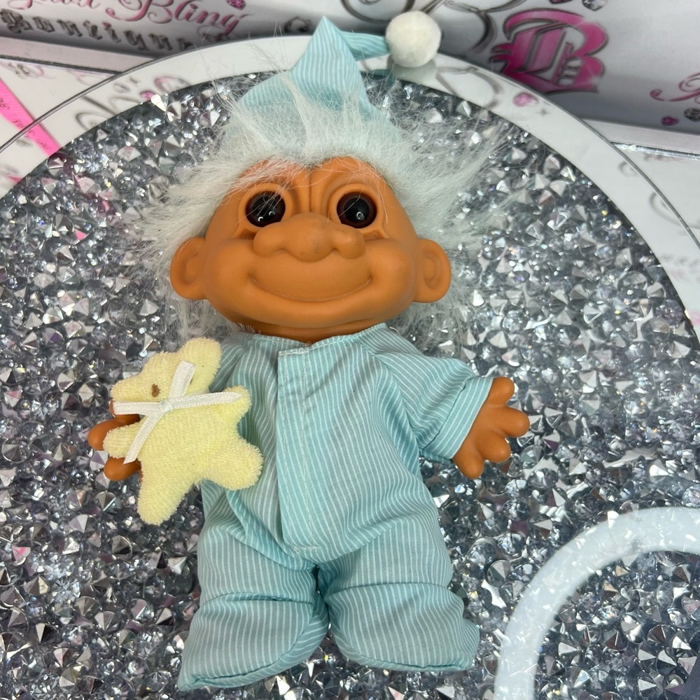 Russ troll large PJ Vintage Brown Troll Doll in Blue Striped Pajamas Yellow bear
